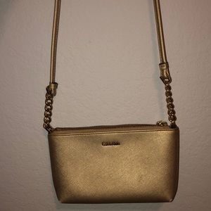 gold calvin klein long strap small purse
